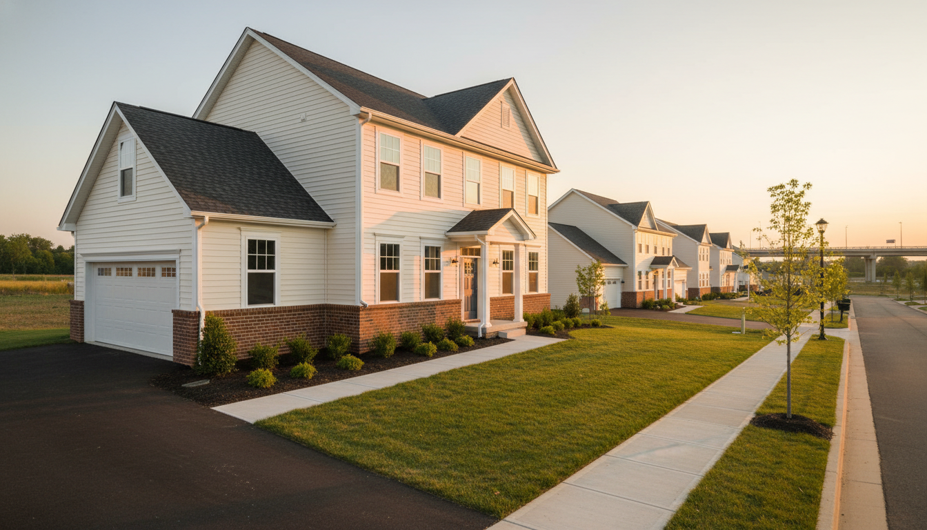 Newer suburban homes along a quiet Chantilly street with manicured lawns and warm evening light
